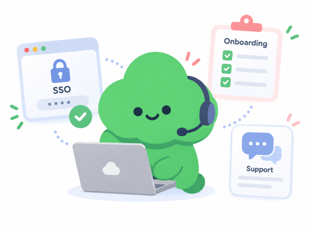 サポートのイメージイラスト。SSOの設定確認、導入時のオンボーディング、問い合わせ窓口をサポートしている様子。